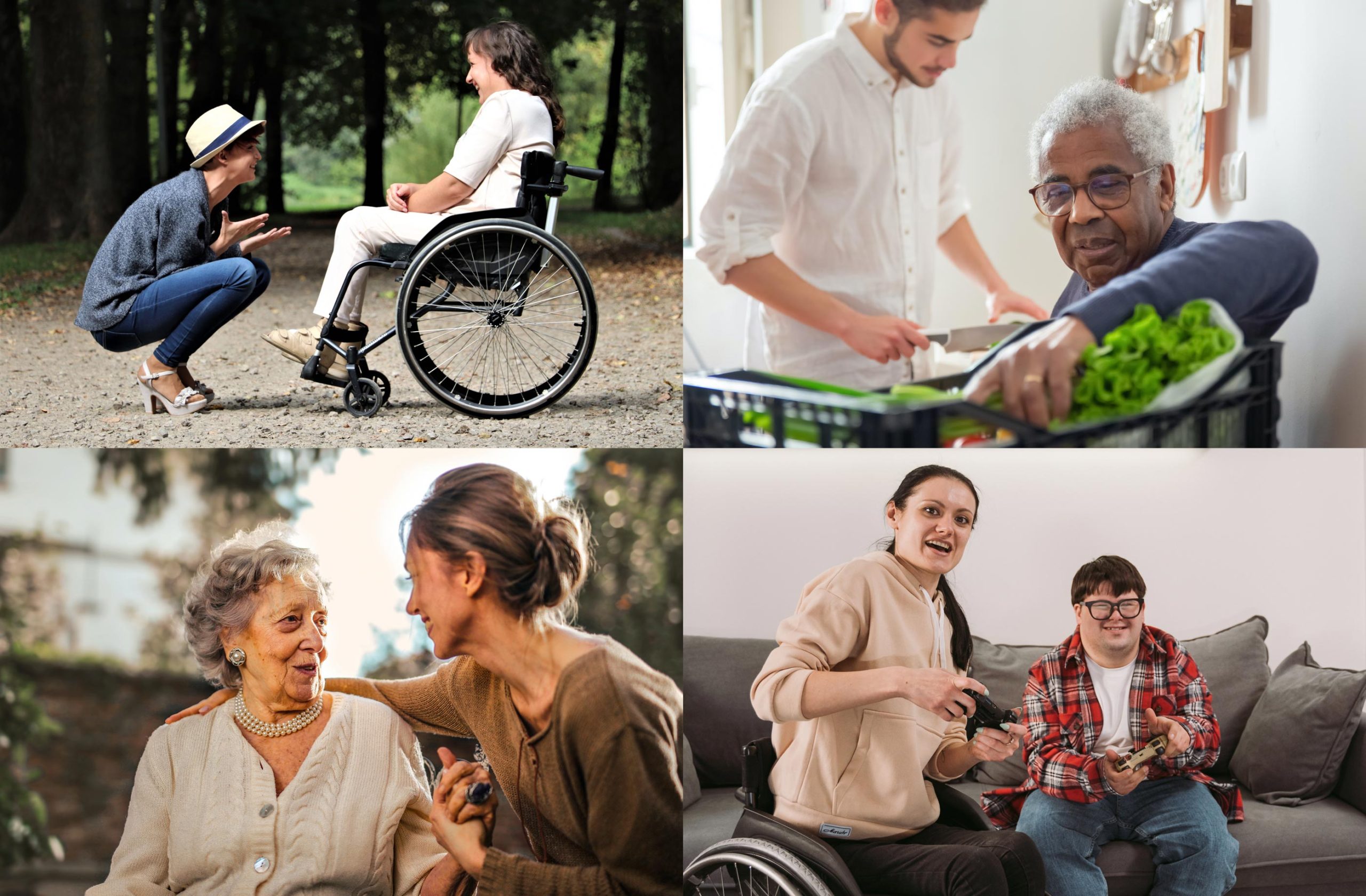 4 pictures of the kinds of high quality support and assistance Applied Socare provide in the NDIS funded categories of accommodation and tenancy, household tasks, travel and transport arrangements, innovative community participation, and in aged care